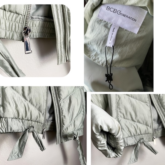 BCBG Puffer Quilted Mint Green Bomber Jacket Zip Up Bow Tie Light Weight Cozy S - Picture 10 of 10